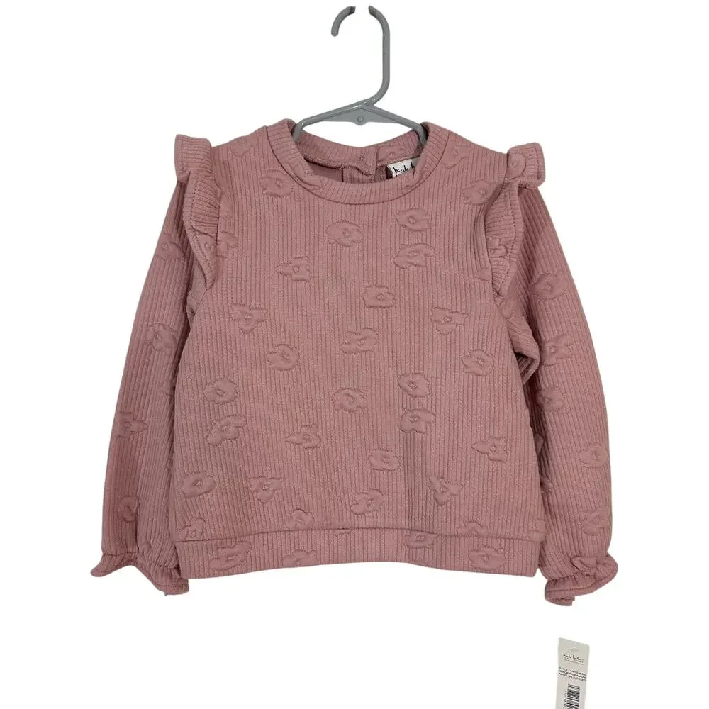 NWT Nicole Miller Girls Pale Mauve Pink Floral Ribbed Ruffle Fleece Top Size 4T